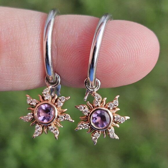 Disney Enchanted Rapunzel Amethyst Diamond Sun Drop Earrings Sterling 10K Gold - Picture 1 of 14